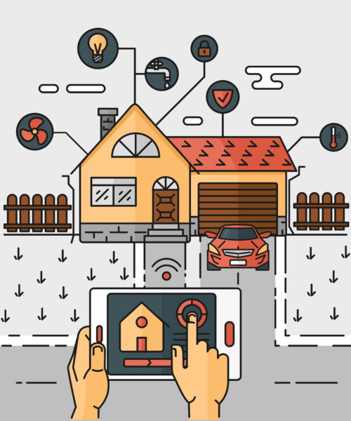 Vector line art illustration of an abstract scheme of the smart home, controlling through internet home work equipment. The concept of comfort and safety of a smart home.